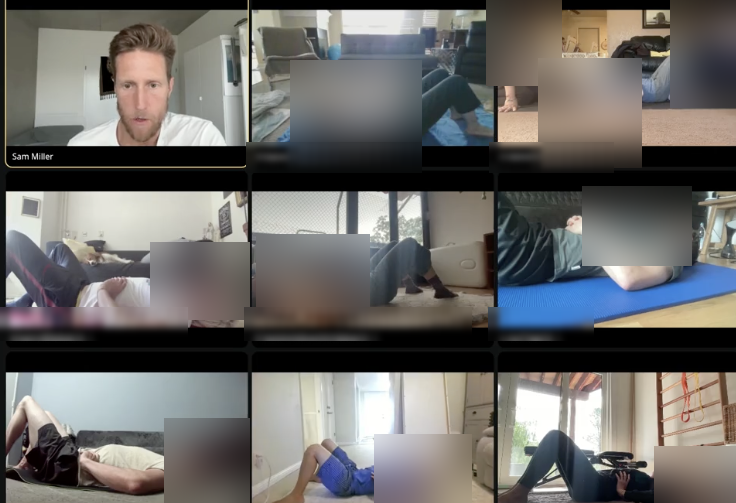 The live Syntropic Core cohort on Zoom, Sam and members practicing on the floor from home