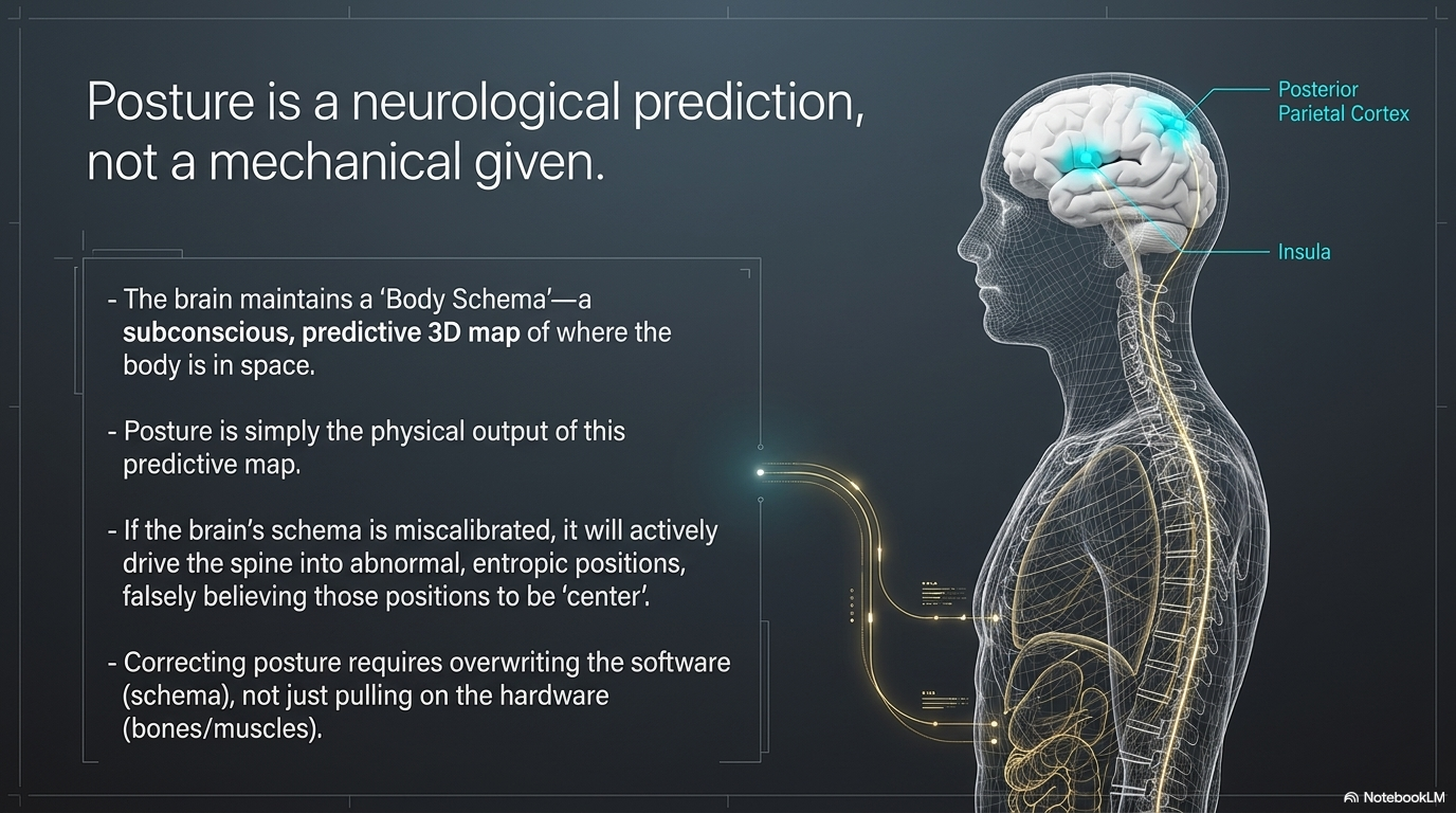 Posture is a neurological prediction: the brain holds a body-schema map that generates the spine's shape; updating the map changes the posture